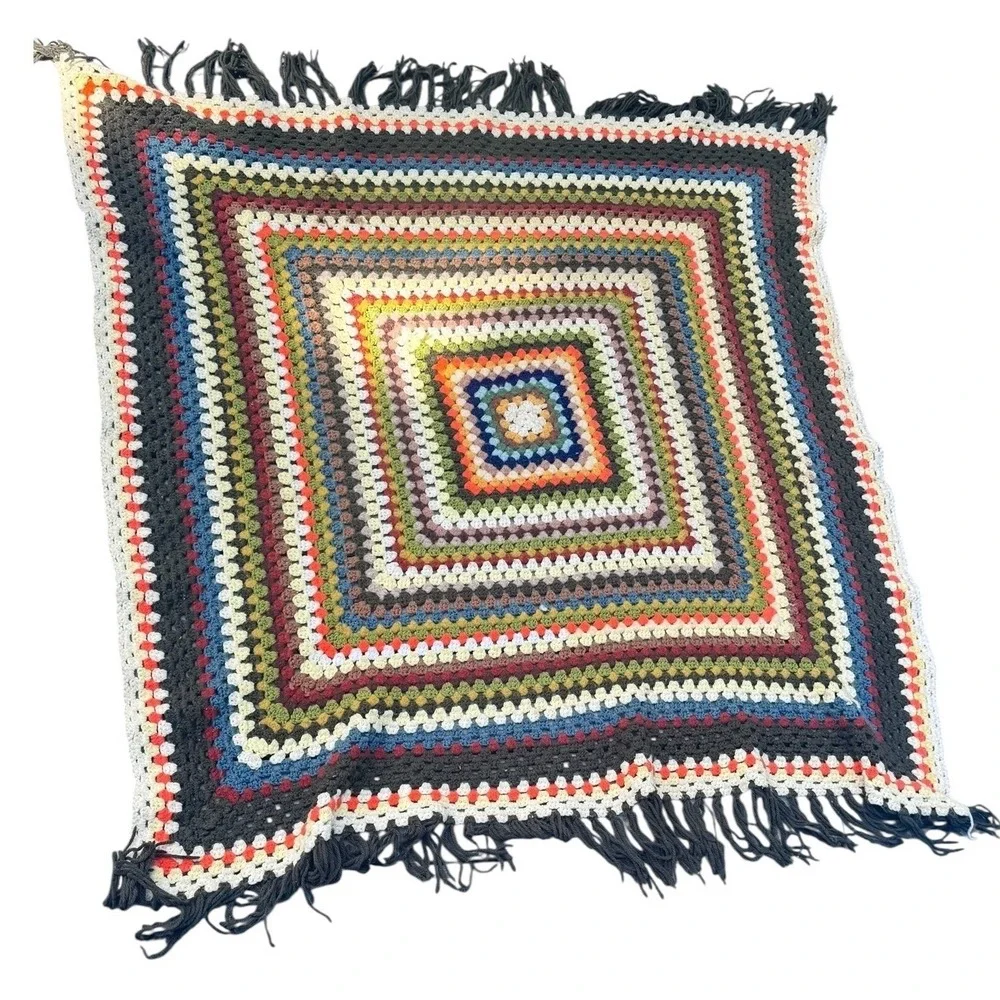 Vintage Handmade Crochet Granny Square Afghan Throw Blanket Multicolor 46x46